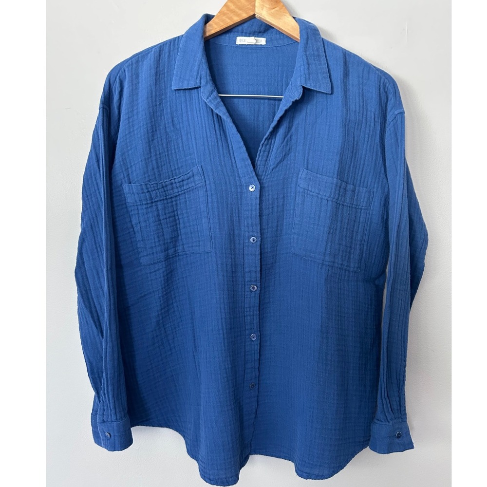 Eileen Fisher Shirt Womens M Blue Organic Cotton Gauze Button Down Long Sleeve